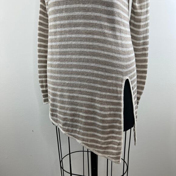 White + Warren Tan White Striped Linen Long Sleeve Round Neck Tunic Size XS - Picture 6 of 10